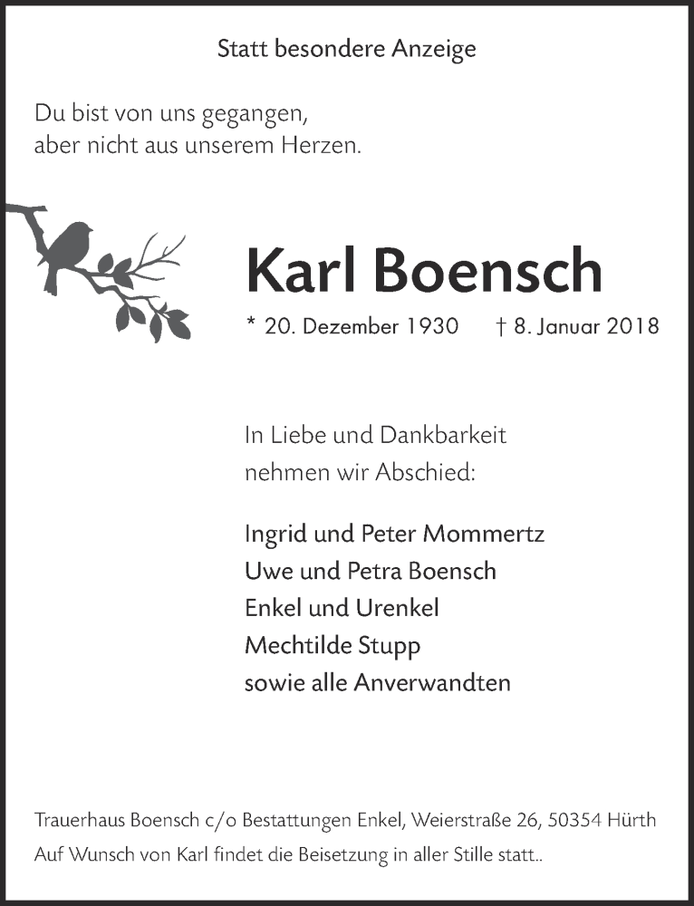  Traueranzeige für Karl Boensch vom 17.01.2018 aus  Wochenende 
