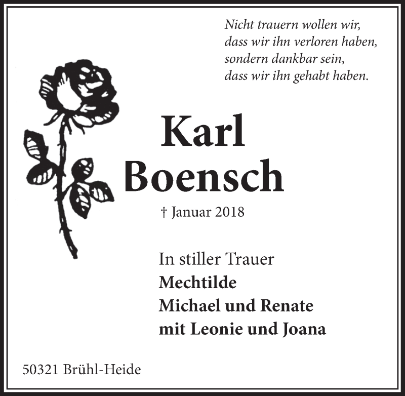  Traueranzeige für Karl Boensch vom 17.01.2018 aus  Schlossbote/Werbekurier 