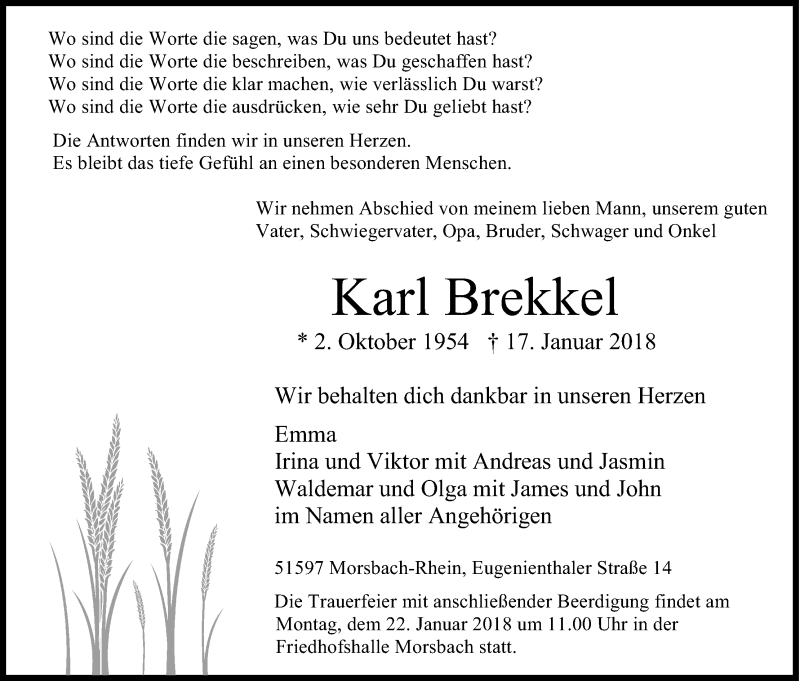  Traueranzeige für Karl Brekkel vom 19.01.2018 aus Kölner Stadt-Anzeiger / Kölnische Rundschau / Express
