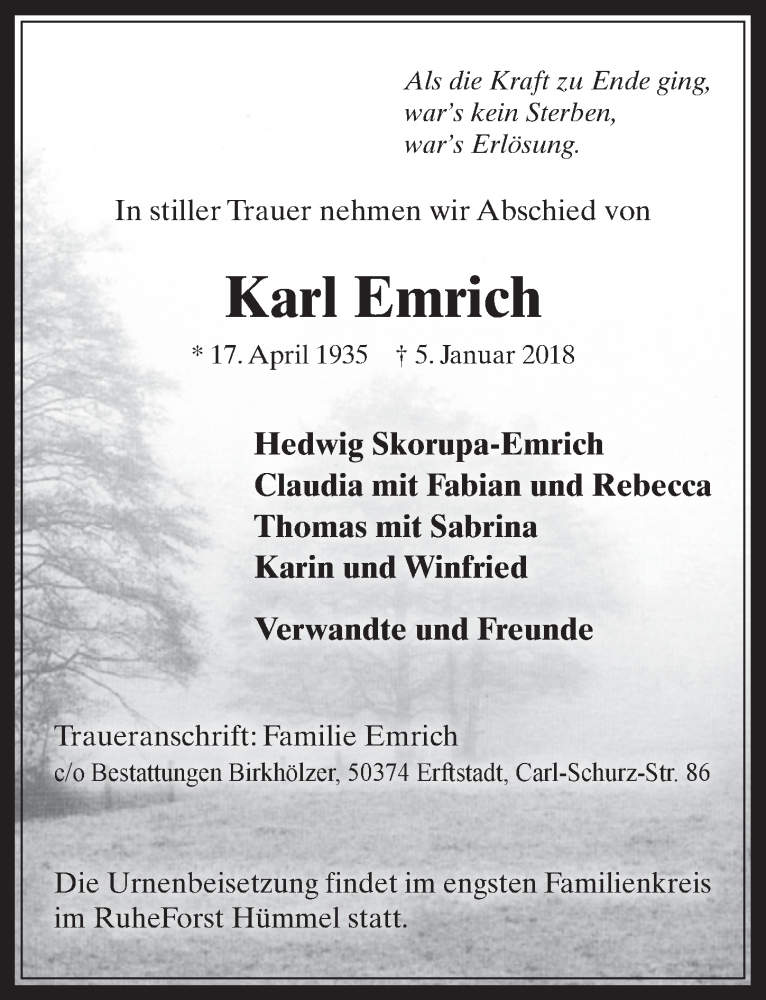  Traueranzeige für Karl Emrich vom 17.01.2018 aus  Werbepost 
