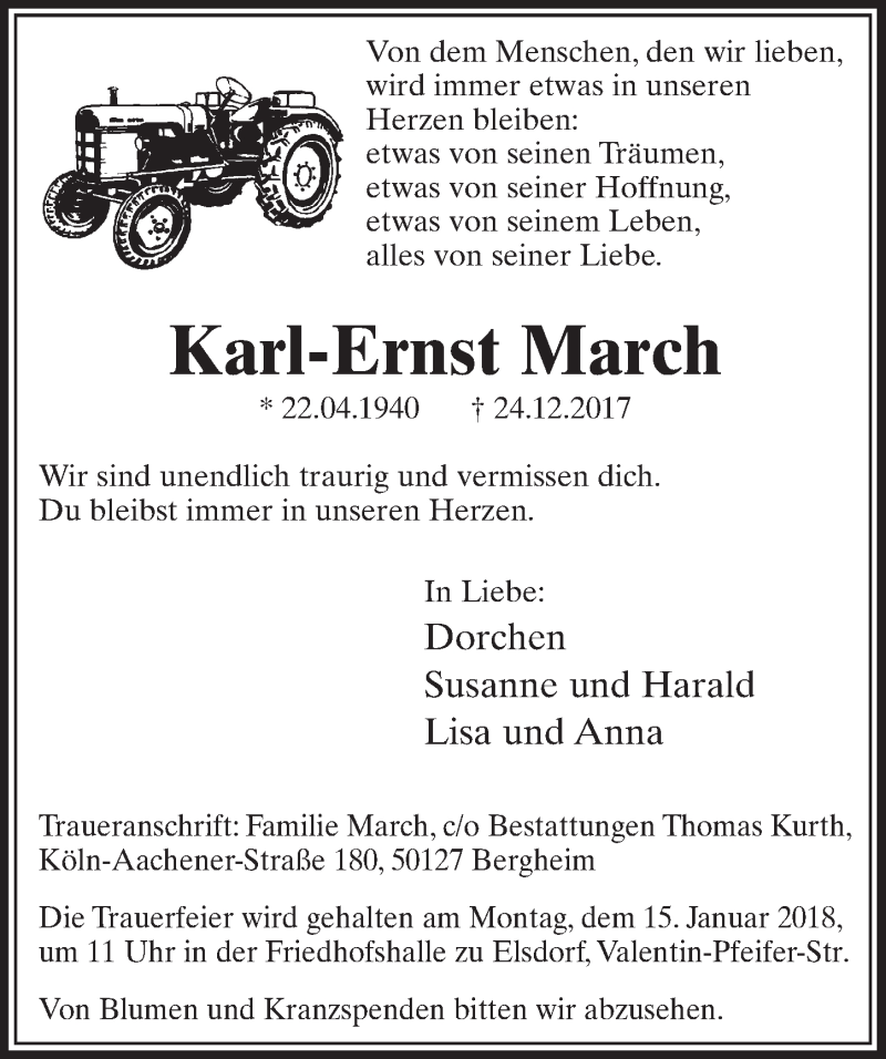  Traueranzeige für Karl-Ernst March vom 13.01.2018 aus  Sonntags-Post 