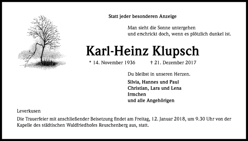  Traueranzeige für Karl-Heinz Klupsch vom 06.01.2018 aus Kölner Stadt-Anzeiger / Kölnische Rundschau / Express