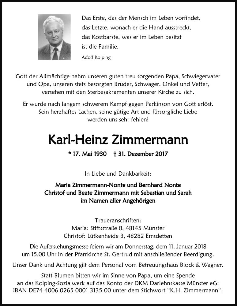  Traueranzeige für Karl-Heinz Zimmermann vom 10.01.2018 aus  Lokalanzeiger 