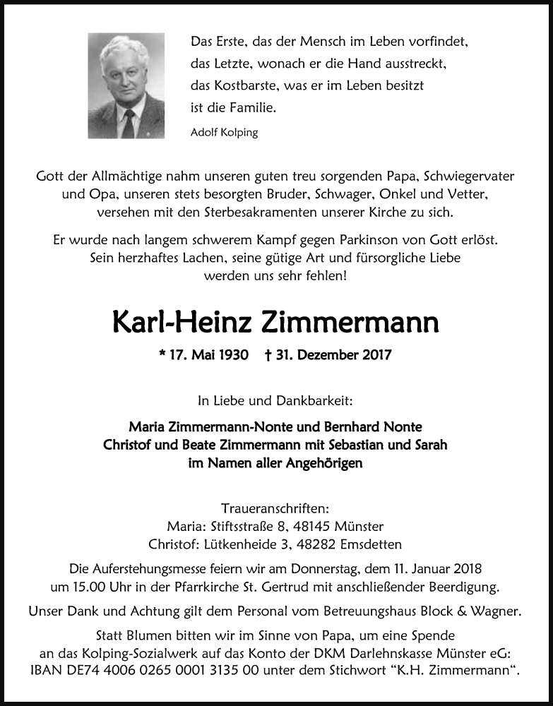  Traueranzeige für Karl-Heinz Zimmermann vom 06.01.2018 aus Kölner Stadt-Anzeiger / Kölnische Rundschau / Express