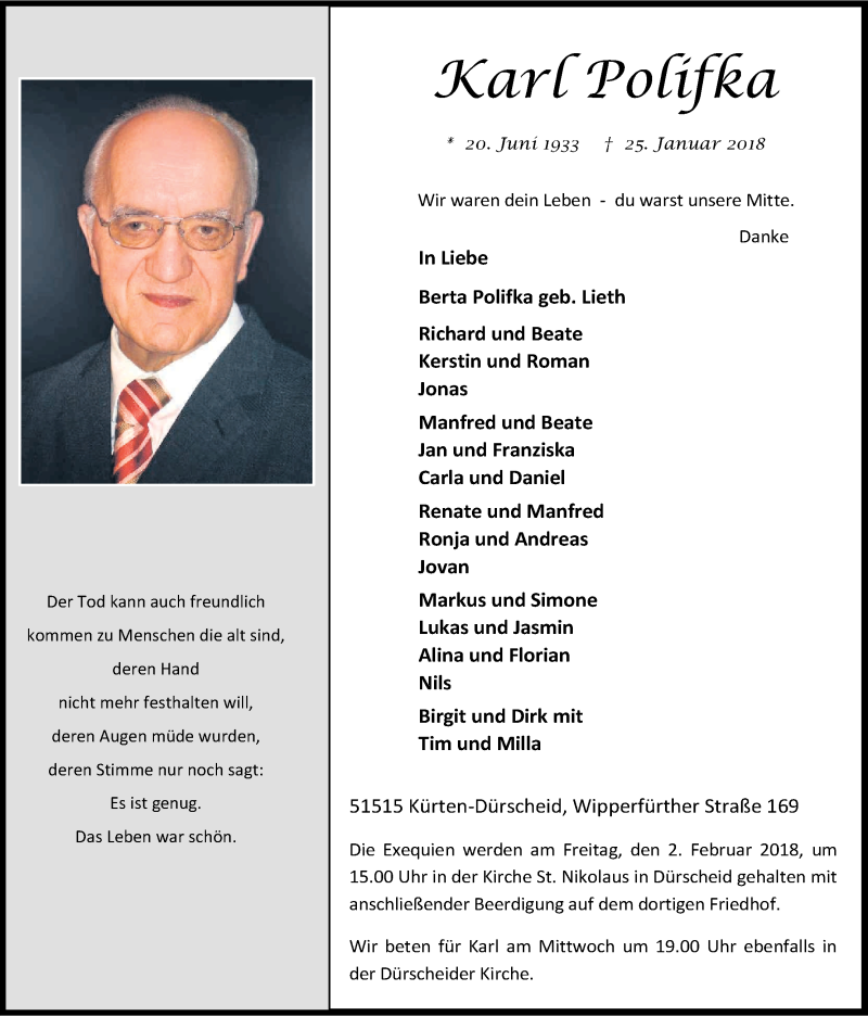  Traueranzeige für Karl Polifka vom 30.01.2018 aus Kölner Stadt-Anzeiger / Kölnische Rundschau / Express
