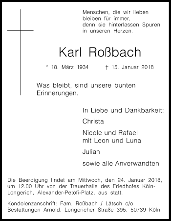 Anzeige von Karl Roßbach von Kölner Stadt-Anzeiger / Kölnische Rundschau / Express