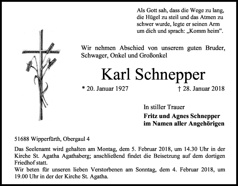  Traueranzeige für Karl Schnepper vom 31.01.2018 aus Kölner Stadt-Anzeiger / Kölnische Rundschau / Express