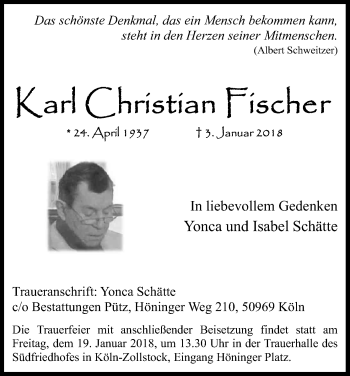 Anzeige von Karl Christian Fischer von Kölner Stadt-Anzeiger / Kölnische Rundschau / Express