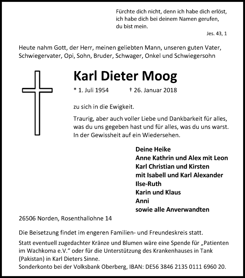  Traueranzeige für Karl Dieter Moog vom 30.01.2018 aus Kölner Stadt-Anzeiger / Kölnische Rundschau / Express
