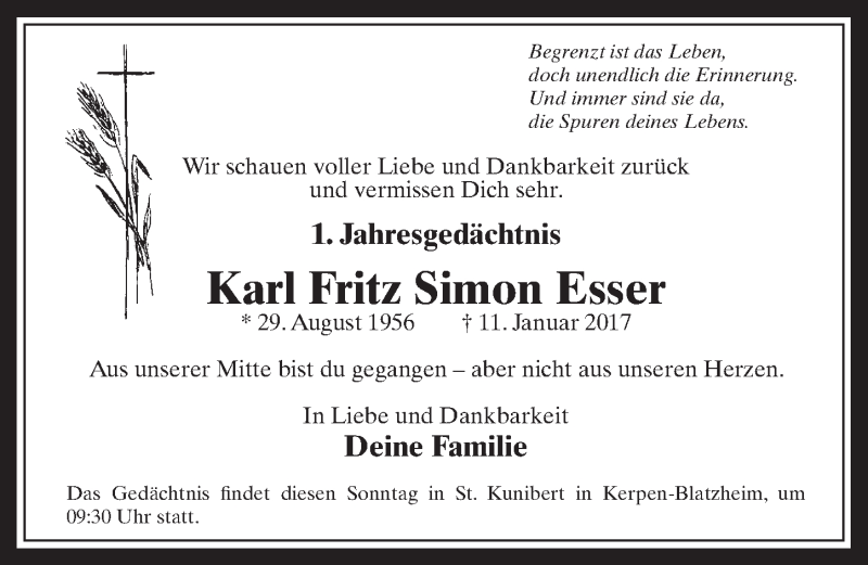  Traueranzeige für Karl Fritz Simon  Esser vom 17.01.2018 aus  Werbepost 