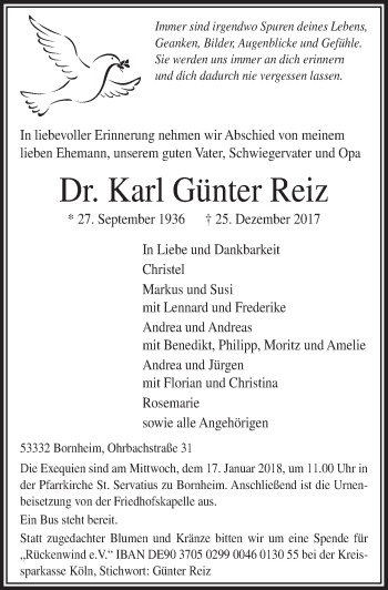 Anzeige von Karl Günter Reiz von  Schaufenster/Blickpunkt 