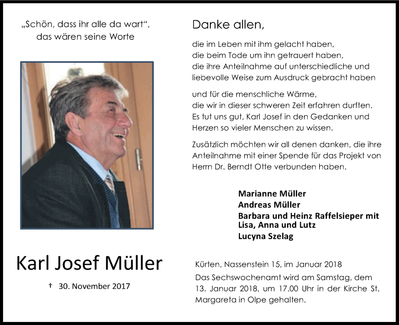  Traueranzeige für Karl Josef Müller vom 06.01.2018 aus Kölner Stadt-Anzeiger / Kölnische Rundschau / Express