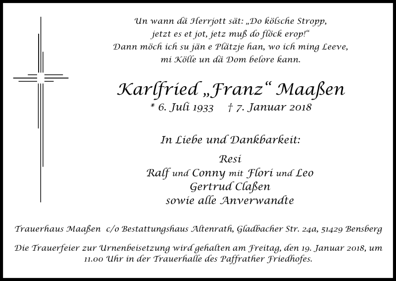  Traueranzeige für Karlfried Maaßen vom 12.01.2018 aus Kölner Stadt-Anzeiger / Kölnische Rundschau / Express