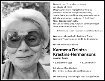 Anzeige von Karmena Dzintra Krastins-Hermansons von Kölner Stadt-Anzeiger / Kölnische Rundschau / Express