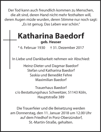 Anzeige von Katharina Baedorf von  Kölner Wochenspiegel 