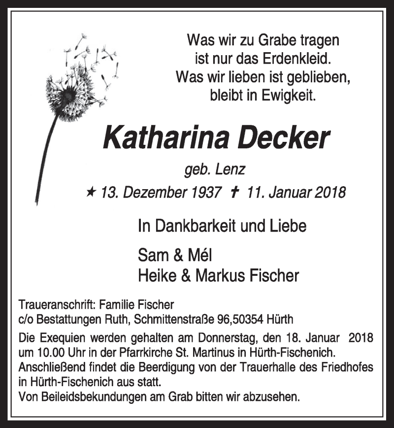  Traueranzeige für Katharina Decker vom 17.01.2018 aus  Wochenende 