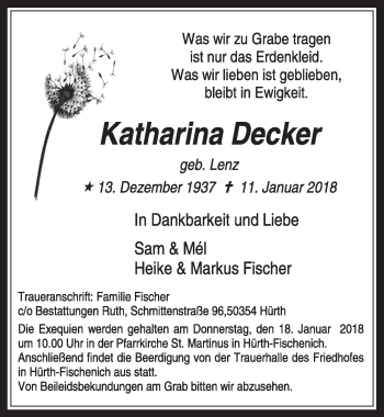 Anzeige von Katharina Decker von  Wochenende 