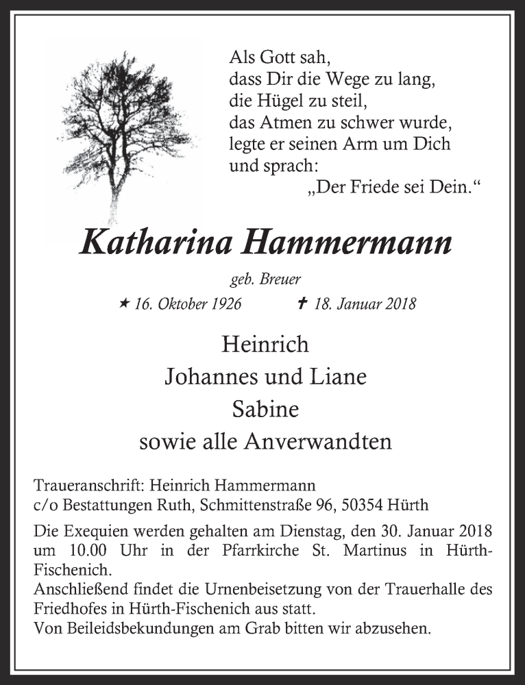  Traueranzeige für Katharina Hammermann vom 24.01.2018 aus  Wochenende 