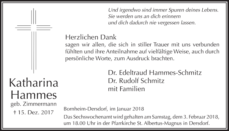  Traueranzeige für Katharina Hammes vom 24.01.2018 aus  Schaufenster/Blickpunkt 