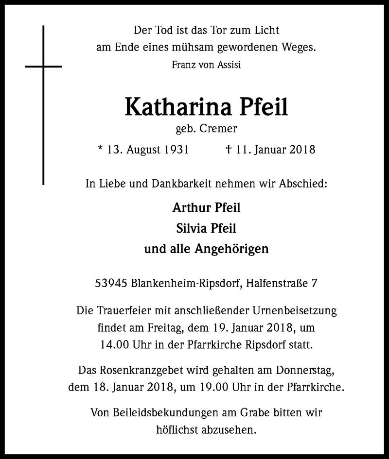  Traueranzeige für Katharina Pfeil vom 13.01.2018 aus Kölner Stadt-Anzeiger / Kölnische Rundschau / Express