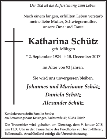 Anzeige von Katharina Schütz von  Wochenende 
