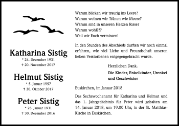 Anzeige von Katharina Sistig von Kölner Stadt-Anzeiger / Kölnische Rundschau / Express