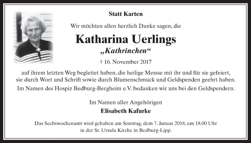  Traueranzeige für Katharina Uerlings vom 03.01.2018 aus  Werbepost 