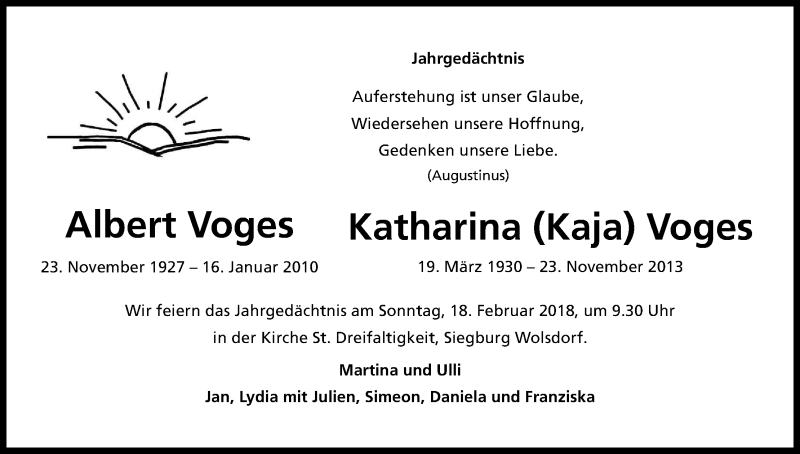  Traueranzeige für Katharina Voges vom 13.01.2018 aus Kölner Stadt-Anzeiger / Kölnische Rundschau / Express