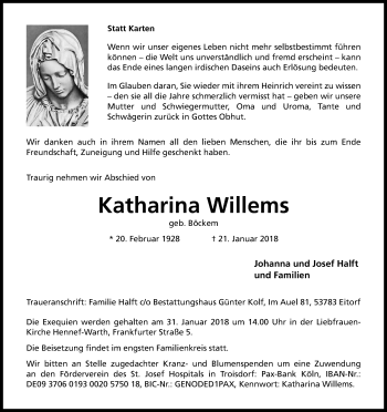 Anzeige von Katharina Willems von Kölner Stadt-Anzeiger / Kölnische Rundschau / Express