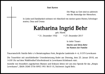 Anzeige von Katharina Ingrid Behr von Kölner Stadt-Anzeiger / Kölnische Rundschau / Express