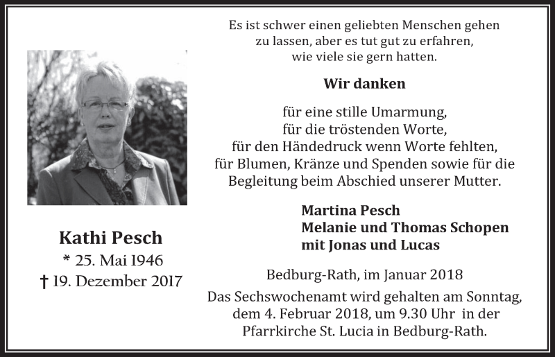  Traueranzeige für Kathi Pesch vom 24.01.2018 aus  Werbepost 