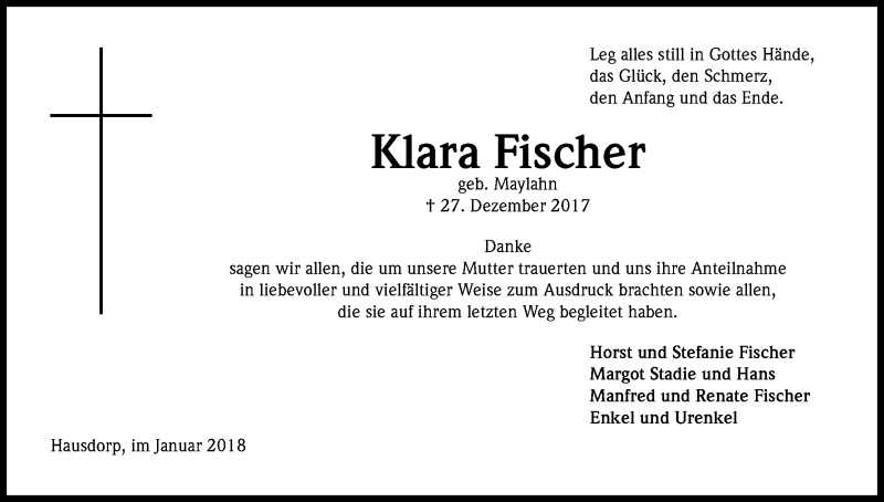  Traueranzeige für Klara Fischer vom 27.01.2018 aus Kölner Stadt-Anzeiger / Kölnische Rundschau / Express