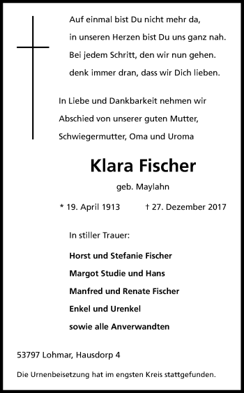 Anzeige von Klara Fischer von Kölner Stadt-Anzeiger / Kölnische Rundschau / Express