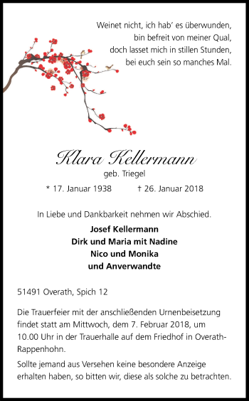 Anzeige von Klara Kellermann von Kölner Stadt-Anzeiger / Kölnische Rundschau / Express