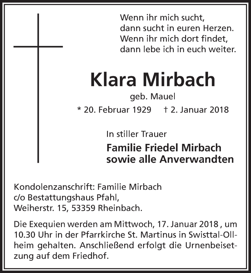  Traueranzeige für Klara Mirbach vom 13.01.2018 aus  Schaufenster/Blickpunkt am Wochenende 