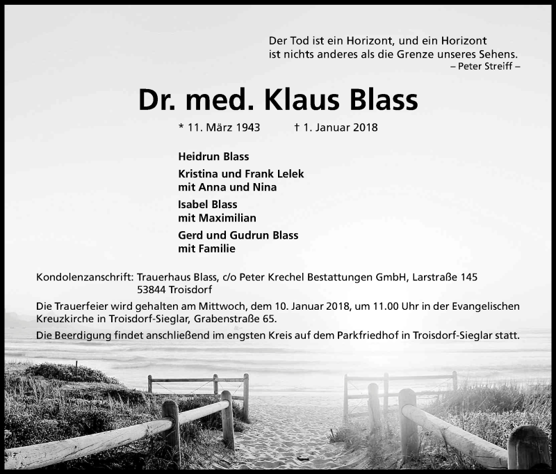  Traueranzeige für Klaus Blass vom 06.01.2018 aus Kölner Stadt-Anzeiger / Kölnische Rundschau / Express
