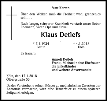 Anzeige von Klaus Detlefs von Kölner Stadt-Anzeiger / Kölnische Rundschau / Express