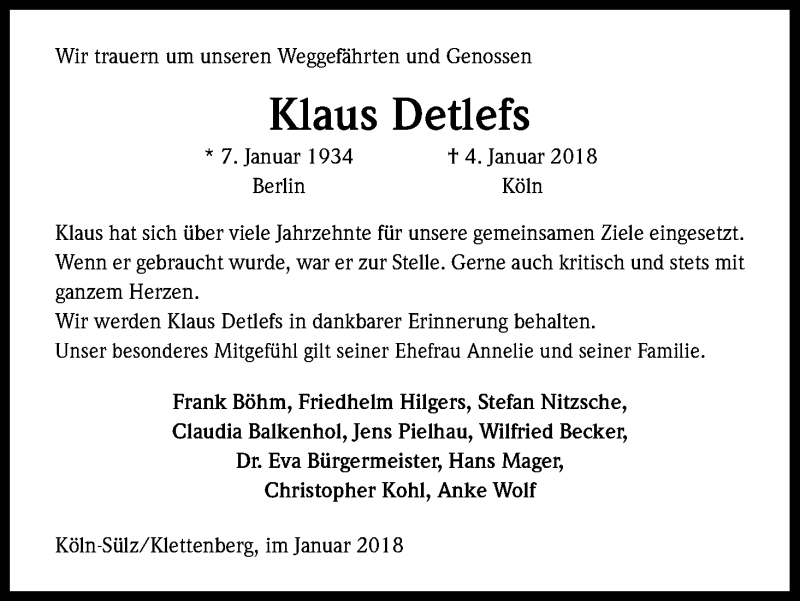  Traueranzeige für Klaus Detlefs vom 27.01.2018 aus Kölner Stadt-Anzeiger / Kölnische Rundschau / Express
