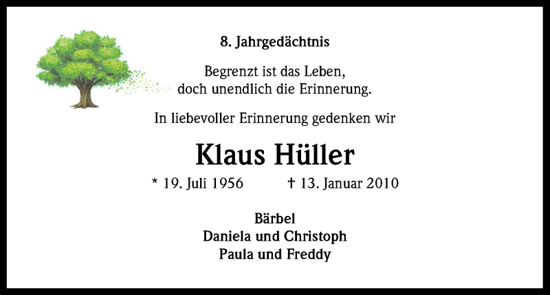  Traueranzeige für Klaus Hüller vom 13.01.2018 aus Kölner Stadt-Anzeiger / Kölnische Rundschau / Express