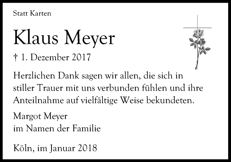 Traueranzeige für Klaus Meyer vom 13.01.2018 aus Kölner Stadt-Anzeiger / Kölnische Rundschau / Express