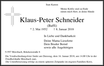 Anzeige von Klaus-Peter Schneider von Kölner Stadt-Anzeiger / Kölnische Rundschau / Express