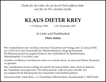 Anzeige von Klaus Dieter Krey von Kölner Stadt-Anzeiger / Kölnische Rundschau / Express