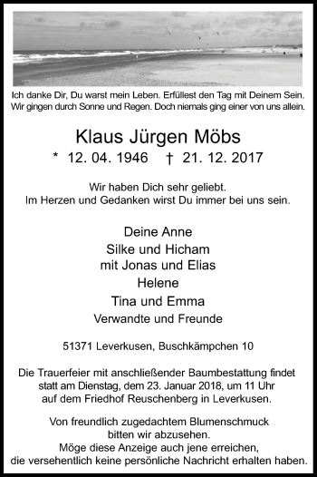 Anzeige von Klaus Jürgen Möbs von Kölner Stadt-Anzeiger / Kölnische Rundschau / Express