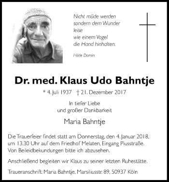 Anzeige von Klaus Udo Bahntje von Kölner Stadt-Anzeiger / Kölnische Rundschau / Express