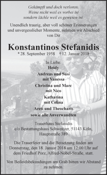Anzeige von Konstantinos Stefanidis von  Kölner Wochenspiegel 