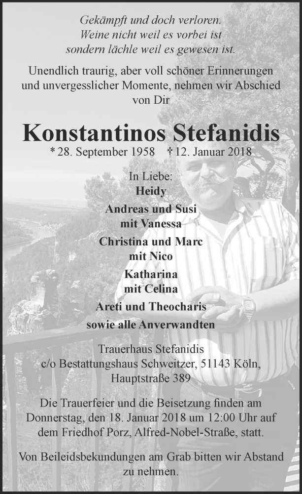  Traueranzeige für Konstantinos Stefanidis vom 17.01.2018 aus  Kölner Wochenspiegel 