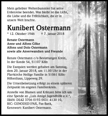 Anzeige von Kunibert Ostermann von Kölner Stadt-Anzeiger / Kölnische Rundschau / Express