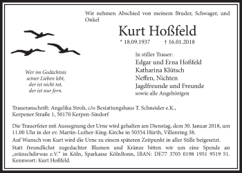 Anzeige von Kurt Hoßfeld von  Sonntags-Post 