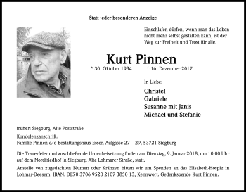 Anzeige von Kurt Pinnen von Kölner Stadt-Anzeiger / Kölnische Rundschau / Express
