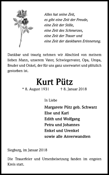 Anzeige von Kurt Pütz von Kölner Stadt-Anzeiger / Kölnische Rundschau / Express